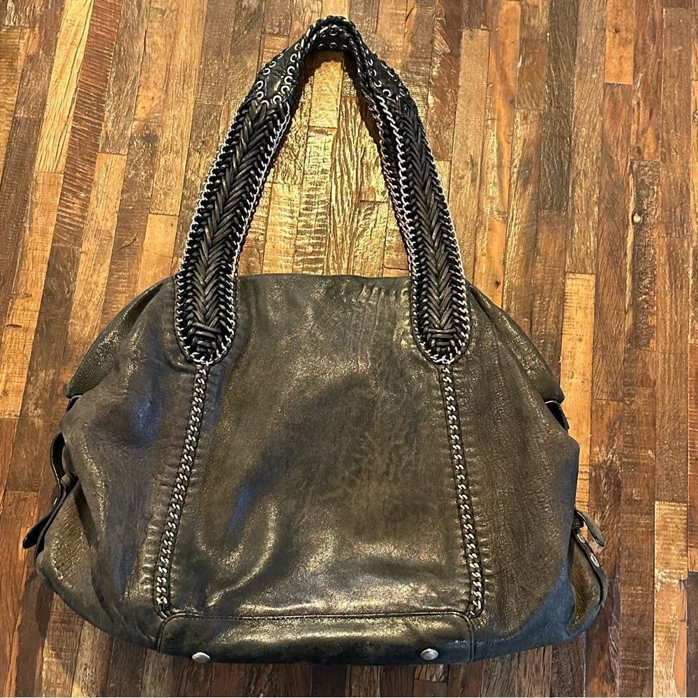 Dark Grey distressed soft leather woven straps boho handbag